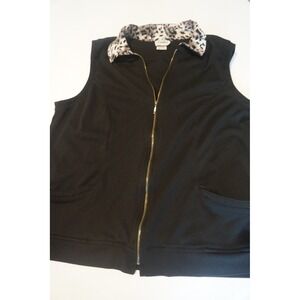 Links Women Black Full‎ Zip Vest Leopard Print Collar Pockets 1X 0C21W
